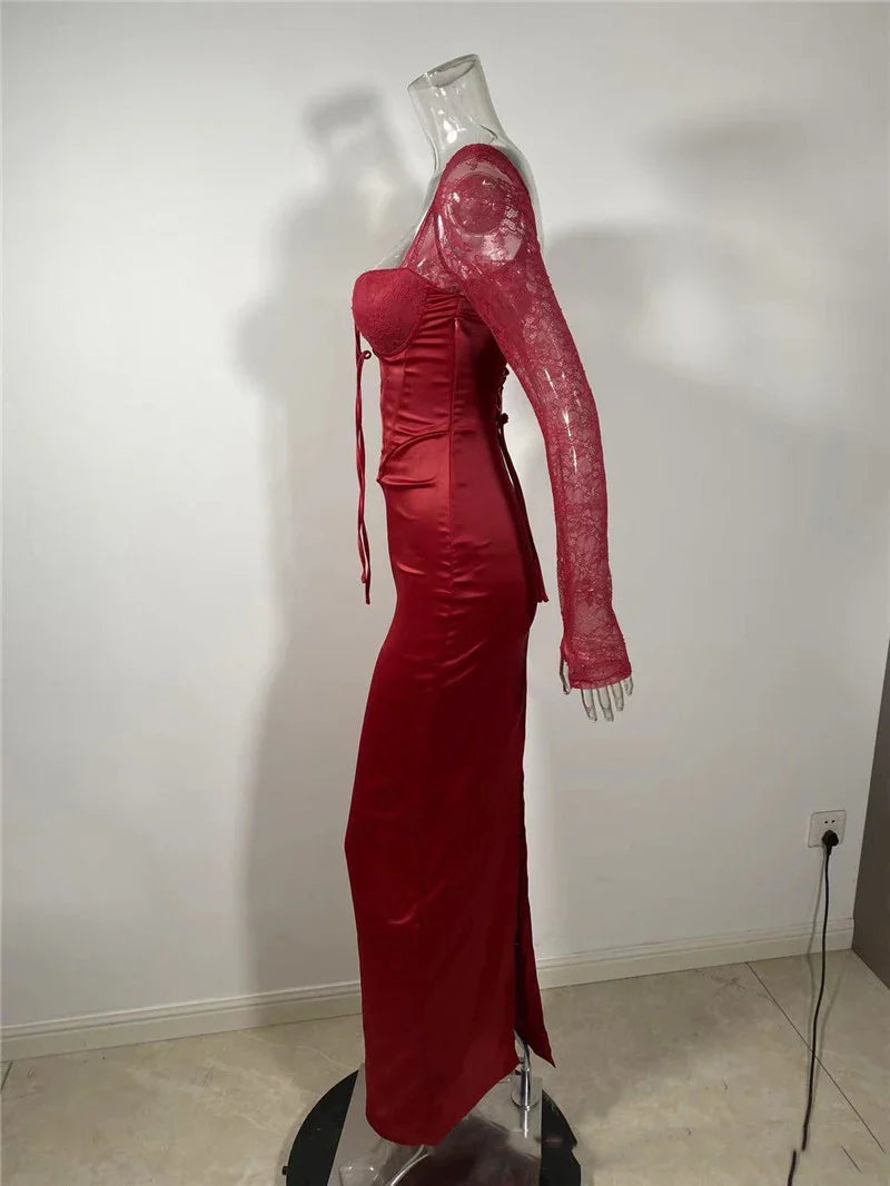Square Collar Lace-Up Backless Long Sleeve Maxi Dress