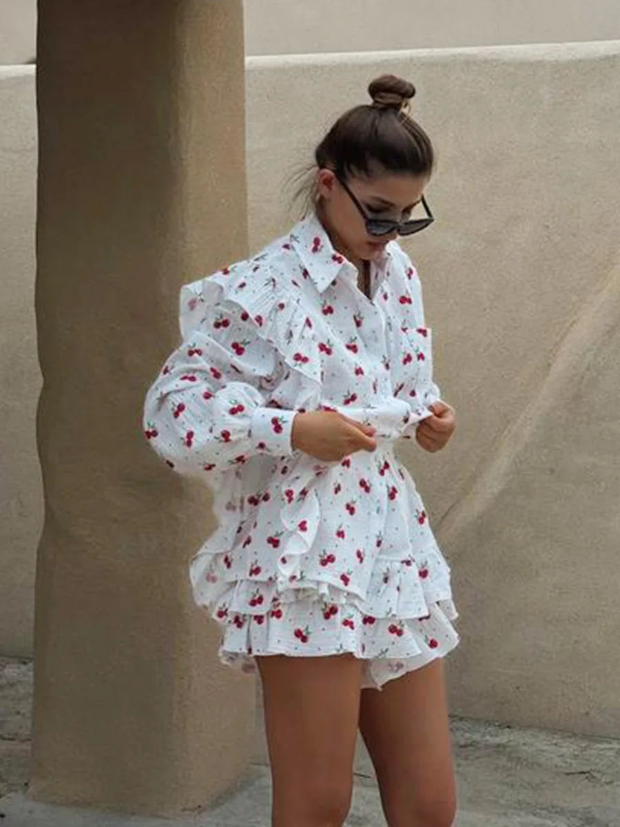 Ruffled Printed Long Sleeve Top and Shorts Sets