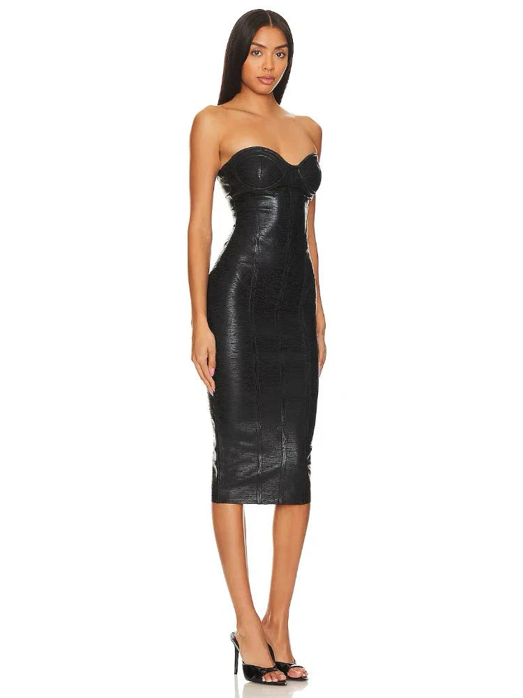 Strapless V-Neck Black Foil  Bandage Dress