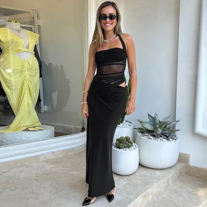 Mesh Patchwork Backless Halter Bodycon Gown