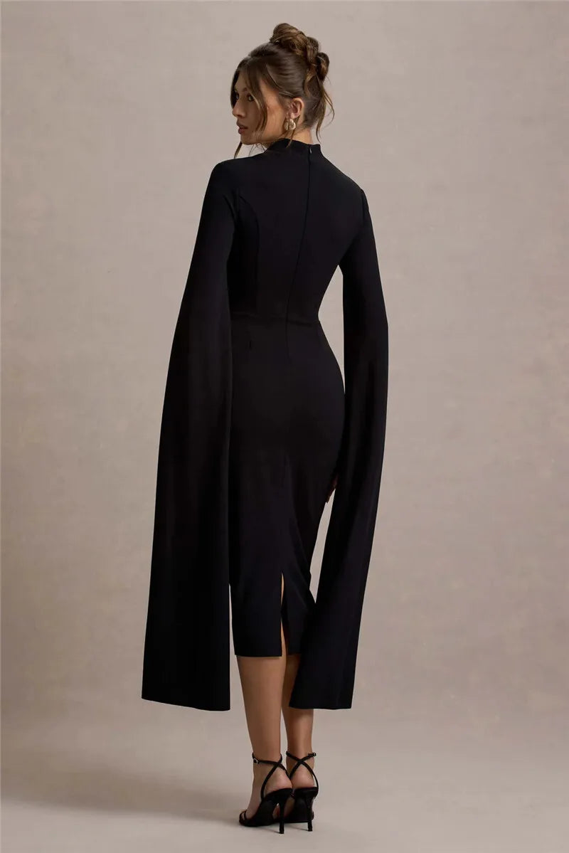 Cape Long Sleeve Square Collar Midi Dress