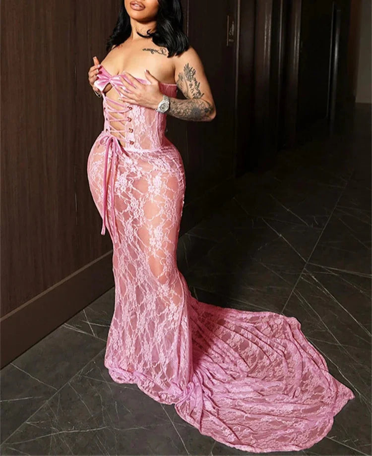 Lace Up Hollow Out Corset Tube Maxi Dress