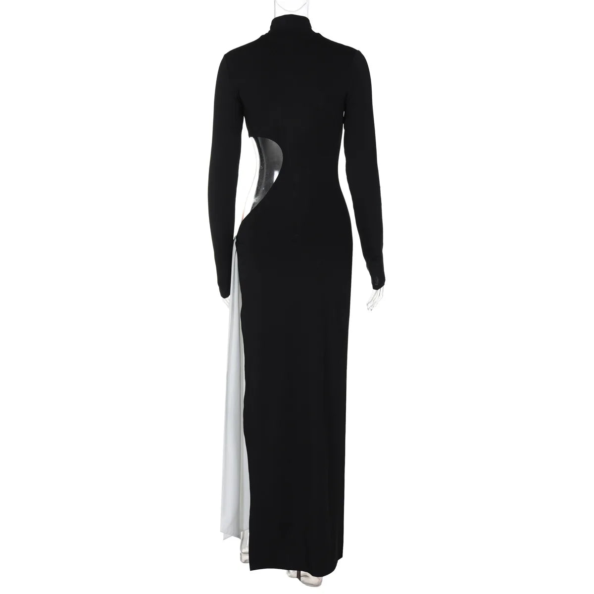 Turtleneck High Slit Contrast Color Ribbon Dress
