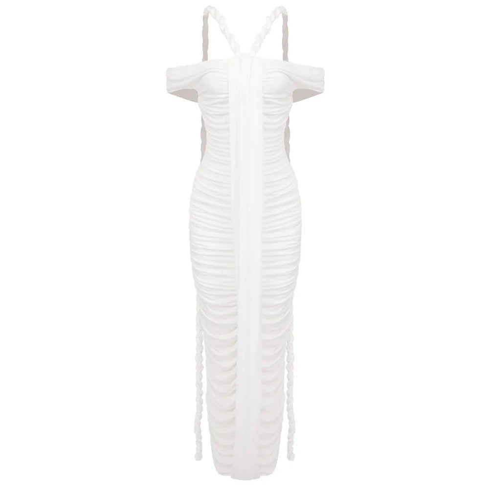 Slash Neck Pleated Braid Ribbon Long Dress