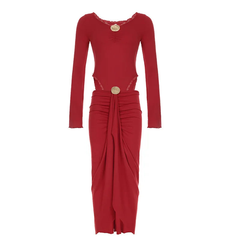 Metallic Patchwork Flared Sleeve Bodysuit Midi Skirt Set