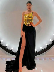 Strapless Gold Top & High-Slit Skirt Set