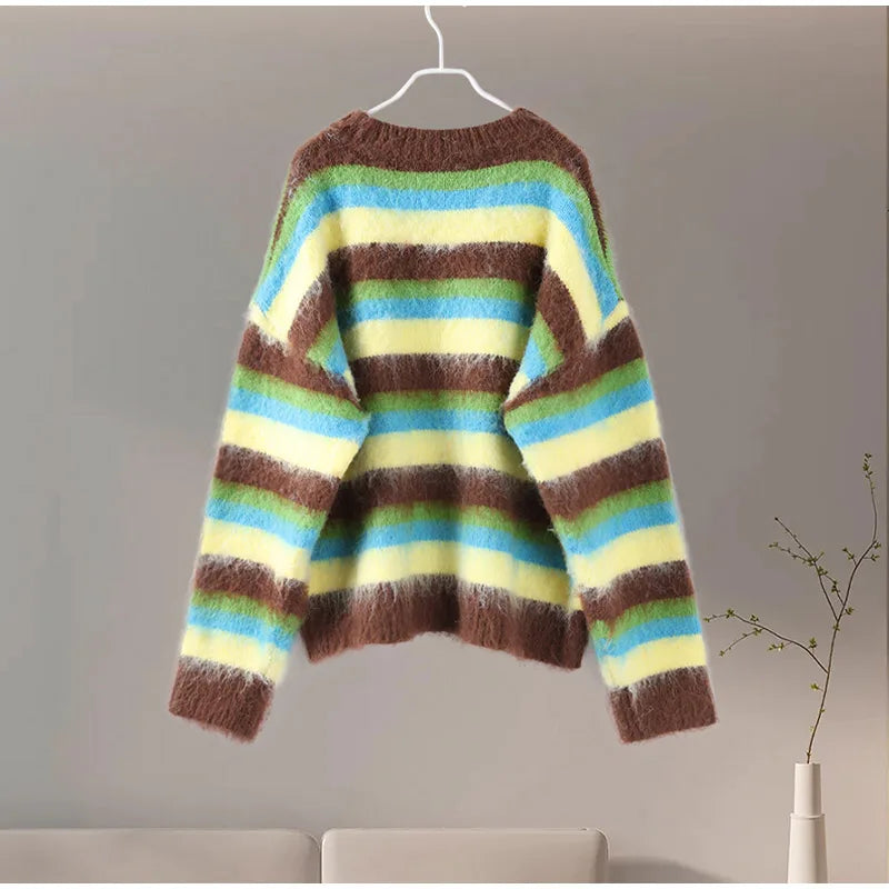 Mohair Striped Long Sleeve Contrast Sweater