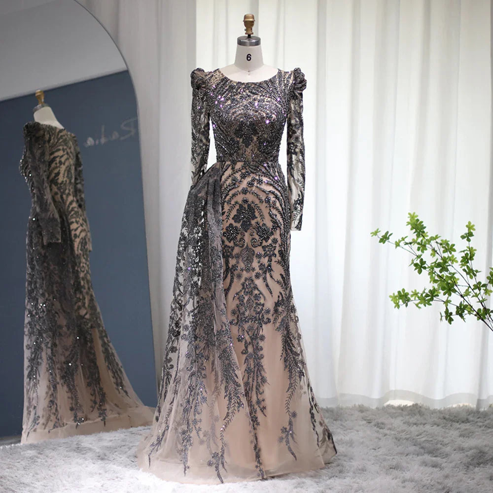 Mermaid Overskirt Long Sleeves Evening Dress