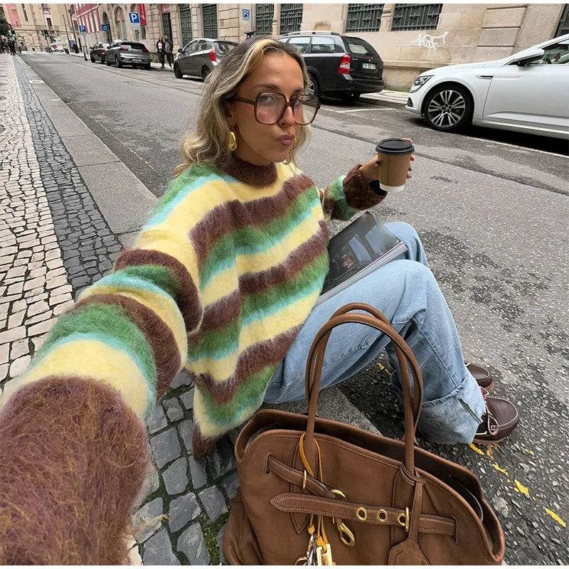 Mohair Striped Long Sleeve Contrast Sweater