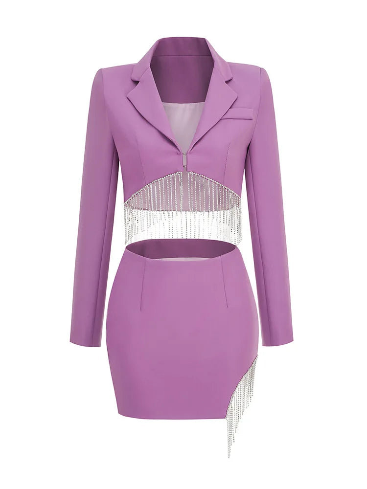 Purple Tassel Skirt and Long Sleeve Jacket Set