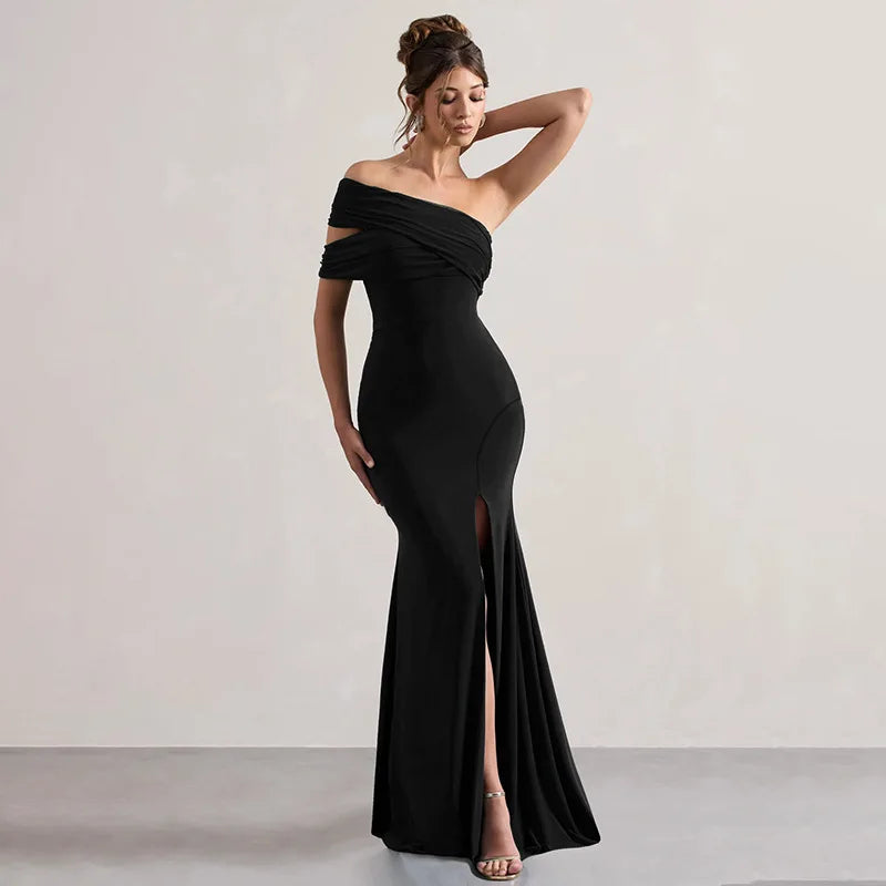 Solid One Shoulder Mesh Slit Long Dress