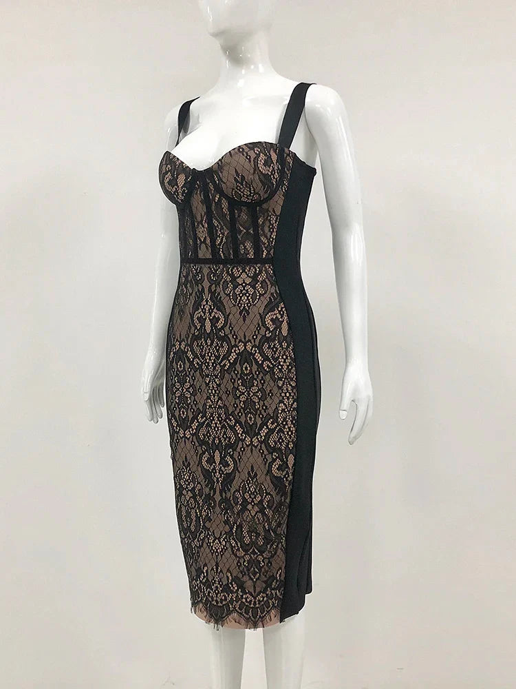 Lace Patchwork Black Midi Dress