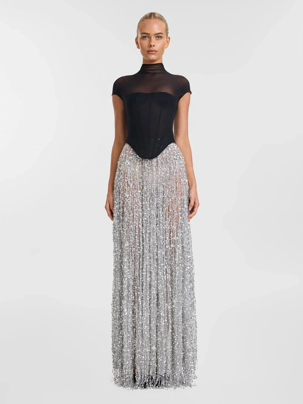 Black Fishbone Top Sequin Mesh Long Skirt Set