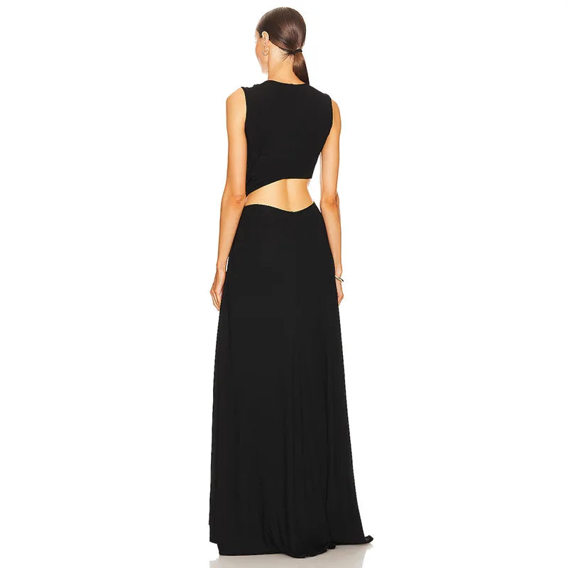 Deep V Cut Out Slit Asymmetrical Long Dress