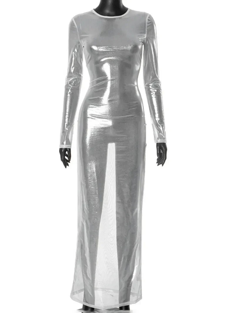 O-neck Full Sleeve Solid Color Mesh Dress