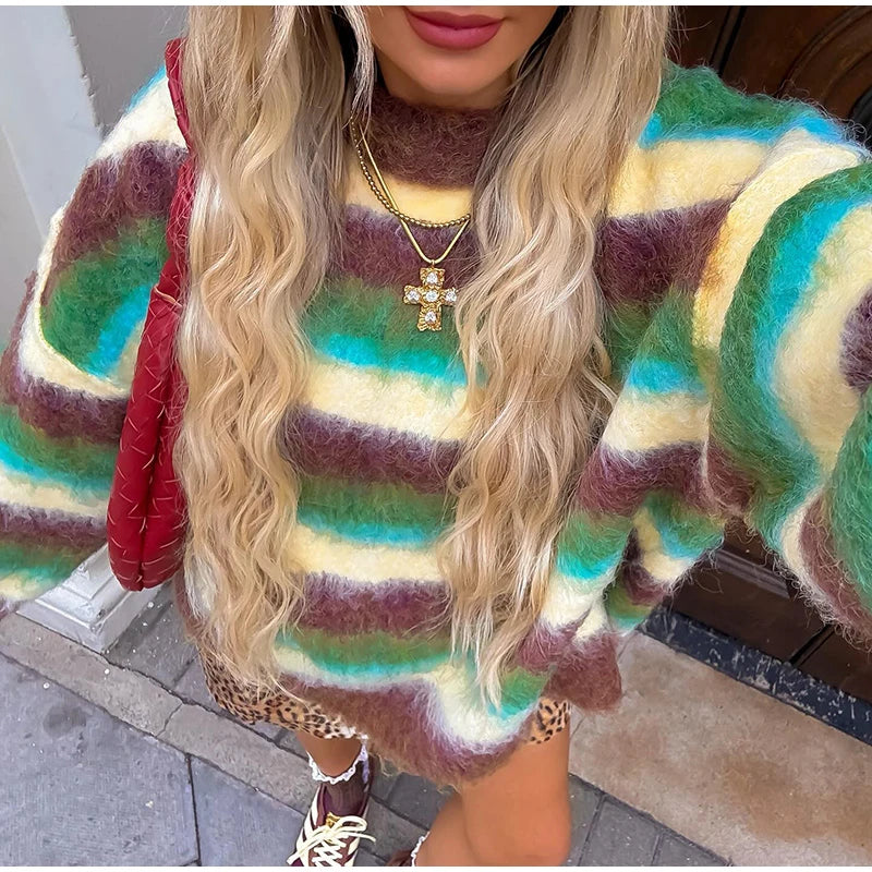 Mohair Striped Long Sleeve Contrast Sweater