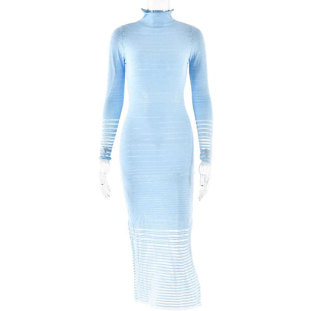 Striped Knitted Half High Collar Dress