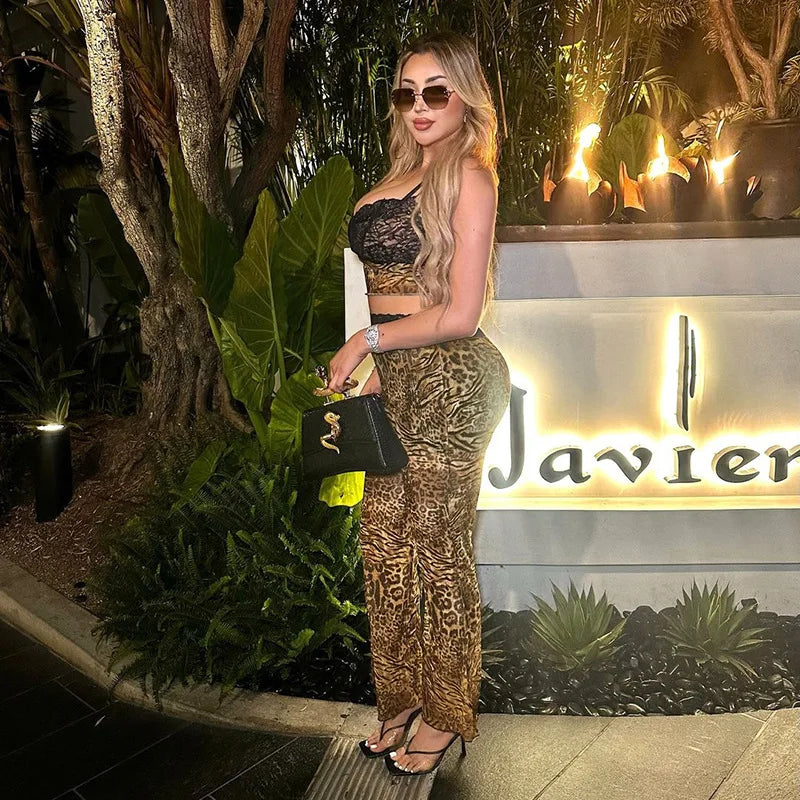 Leopard Print Two-Piece Cami Flare Pantsuit