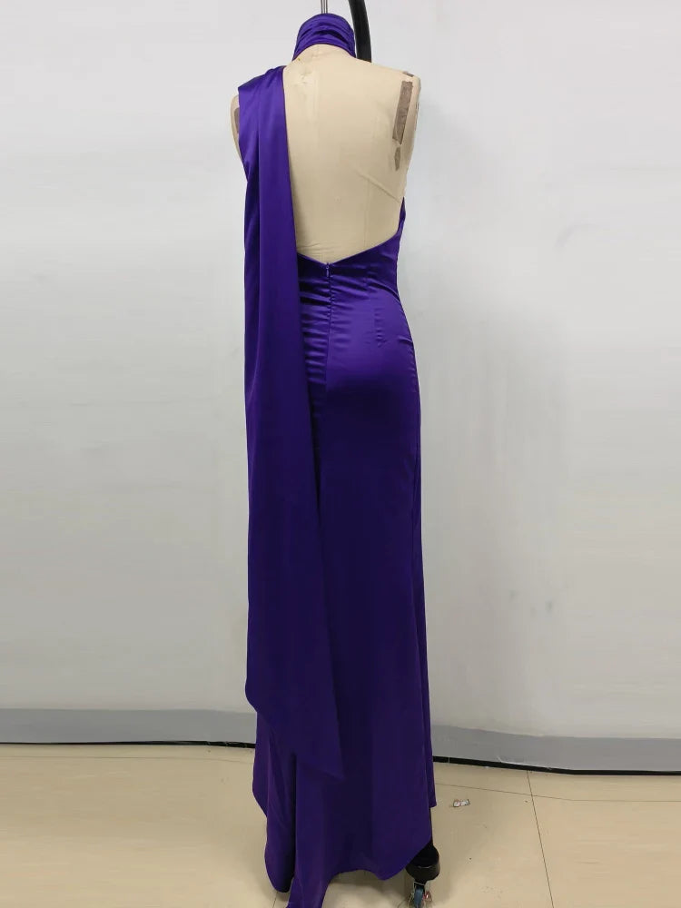 Purple Satin Halter Neck 3D Flower Scarf Maxi Dress