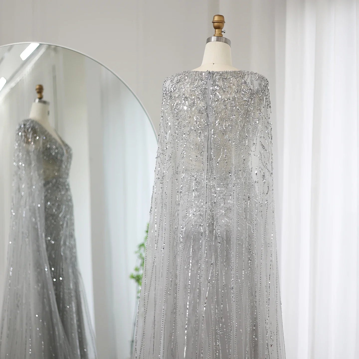 Silver-Gray Mermaid Evening Gown with Cape