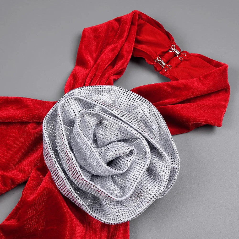 Red Velvet Maxi  3D Flower Evening Gown
