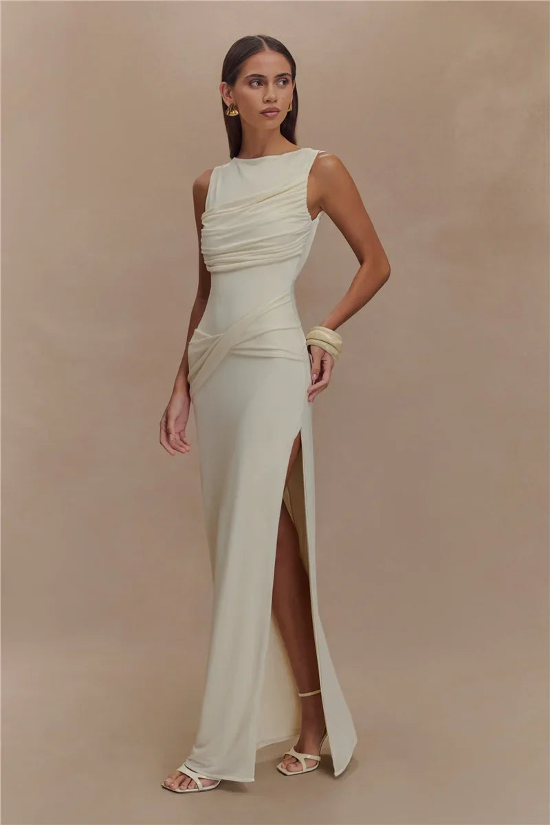 Backless Ruched O Neck Thigh High Split Long Dress