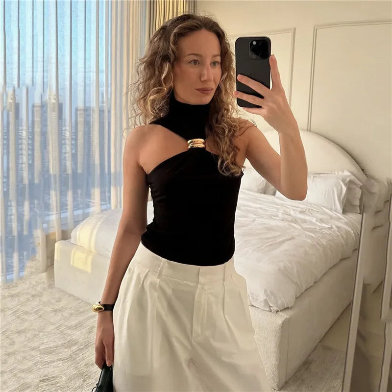 Turtleneck Metal Ring Knitted Tops