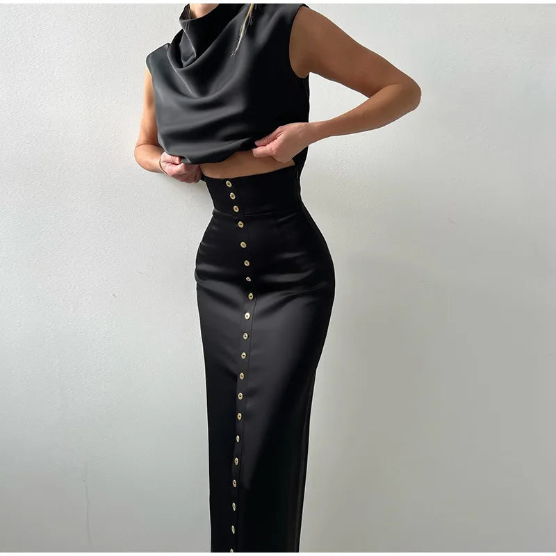 Sleeveless Top Suit With Front Split Skirt