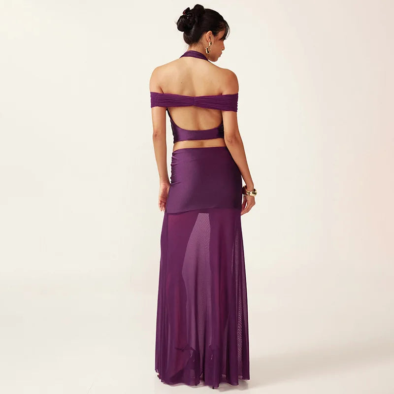Purple Mesh Two-Piece Set with Sheer Halter Top and Long Skirt