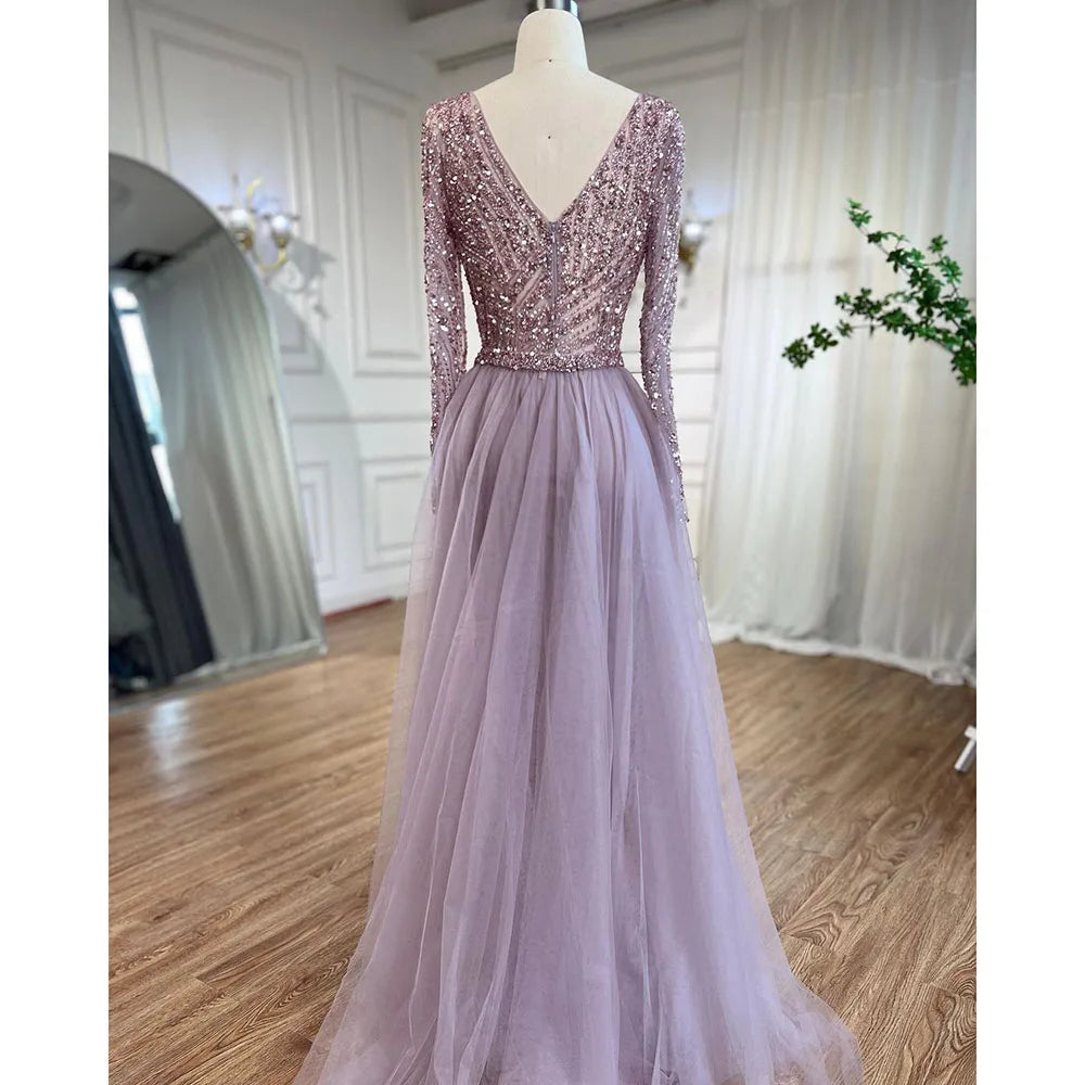 Blue Mermaid Beaded Long Sleeves Evening Gown