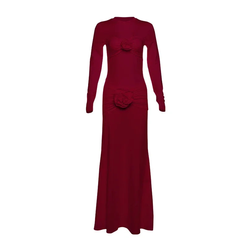 Ruched Flower Long Sleeve Solid Maxi Dress
