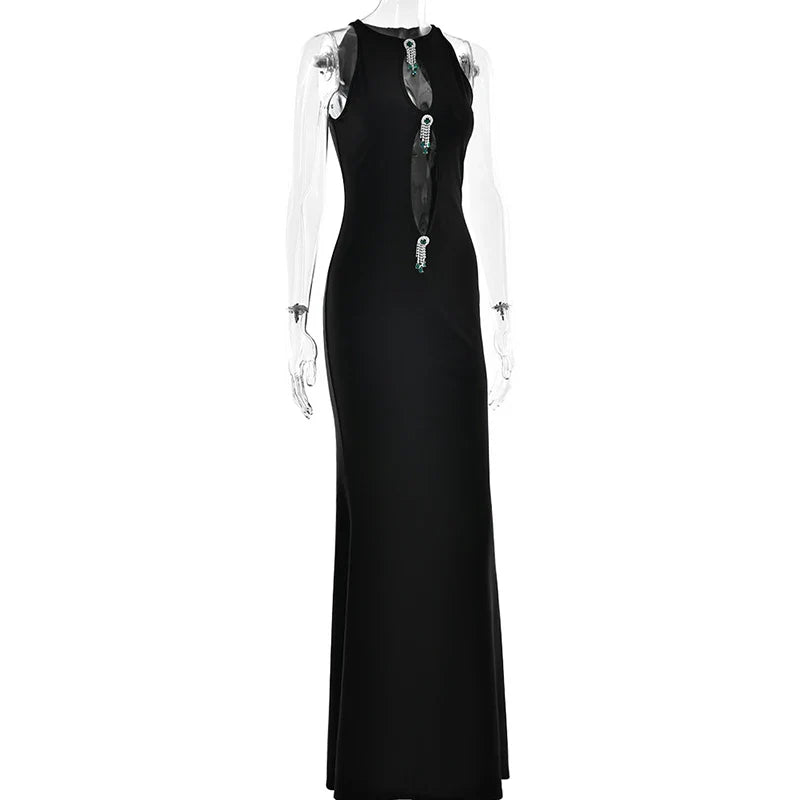 Hollow Out Pearl Tassel Black Long Dress