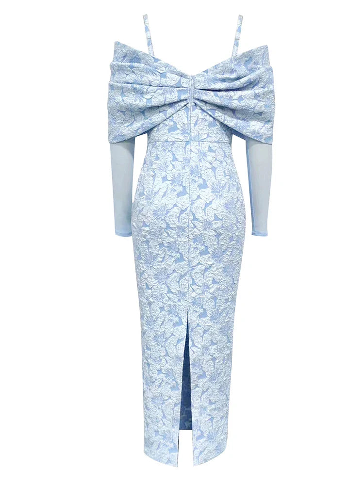Sky Blue Mesh Sleeve Floral Dress