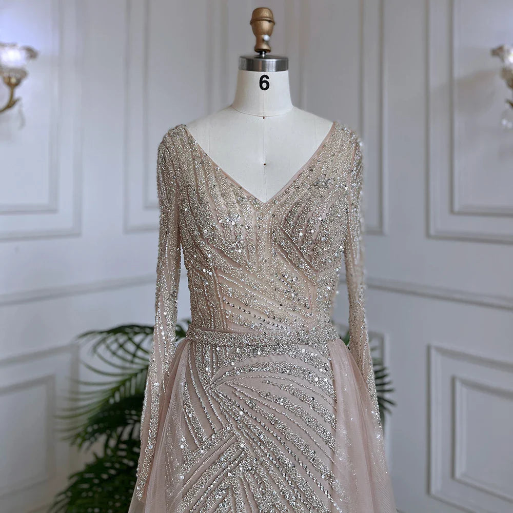 Blue Mermaid Beaded Long Sleeves Evening Gown