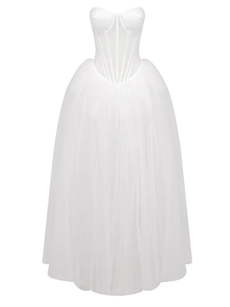 Strapless Mesh White A Line Maxi Long Dress