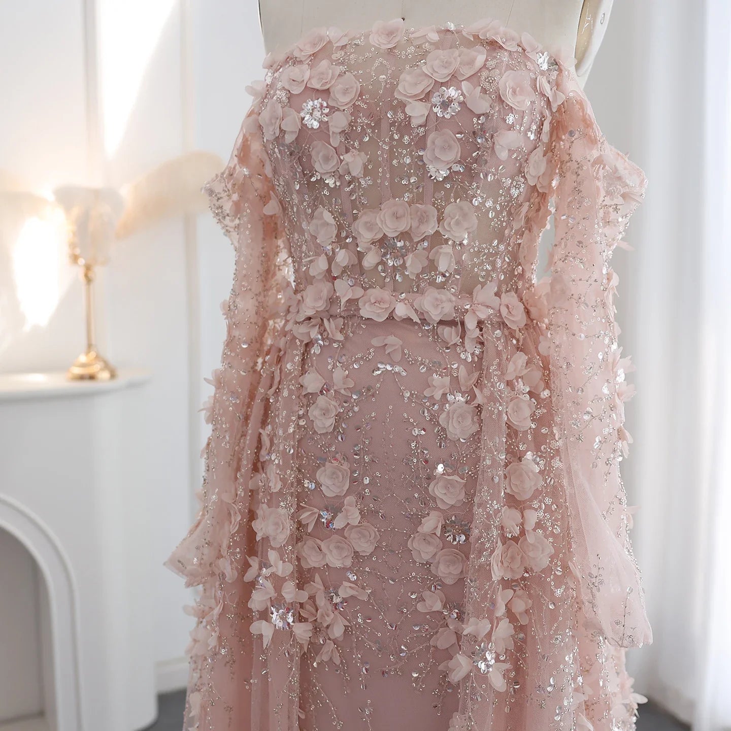 3D Floral Pink Evening Gown with Overskirt