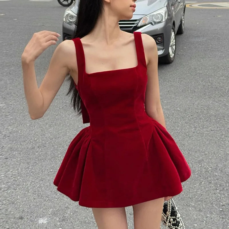 Red Bow Dress A Line Spaghetti Straps Backless