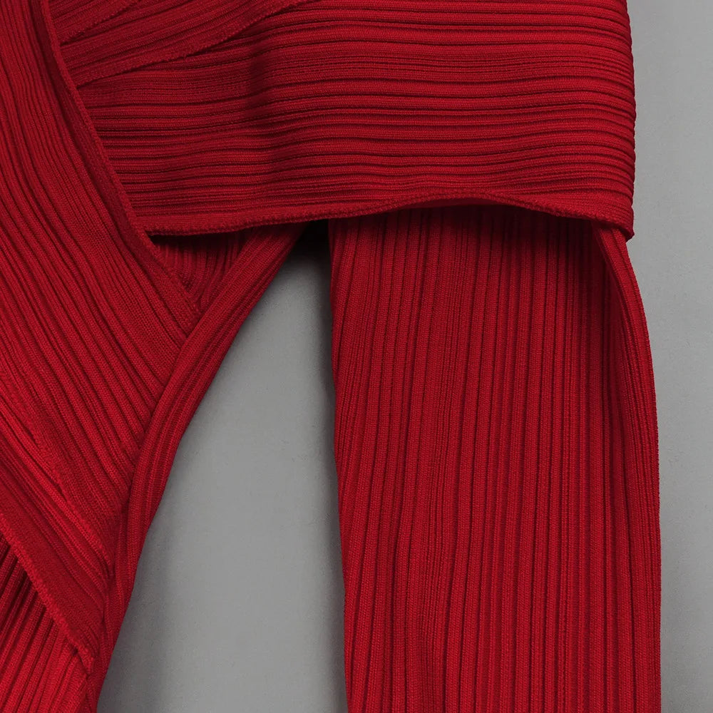 Red Bandage Turtle Neck Cross Design Long Dress