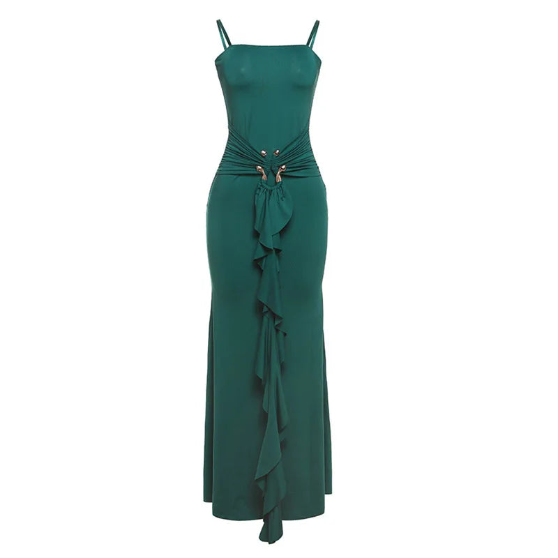 Metal Buckle Ruched Spaghetti Strap Long Dress