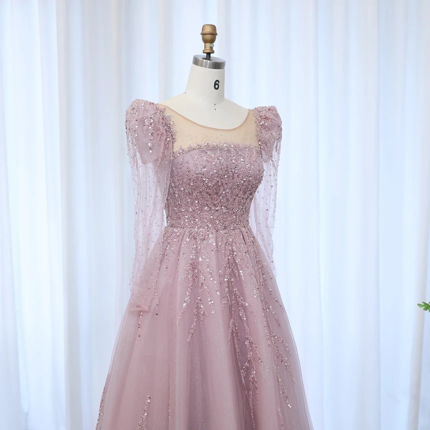 Dusty Pink Long Sleeve Formal Prom Gown