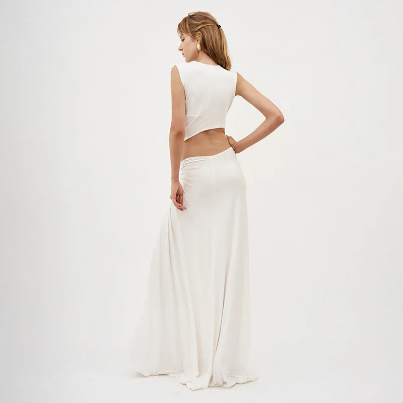 Deep V Cut Out Slit Asymmetrical Long Dress