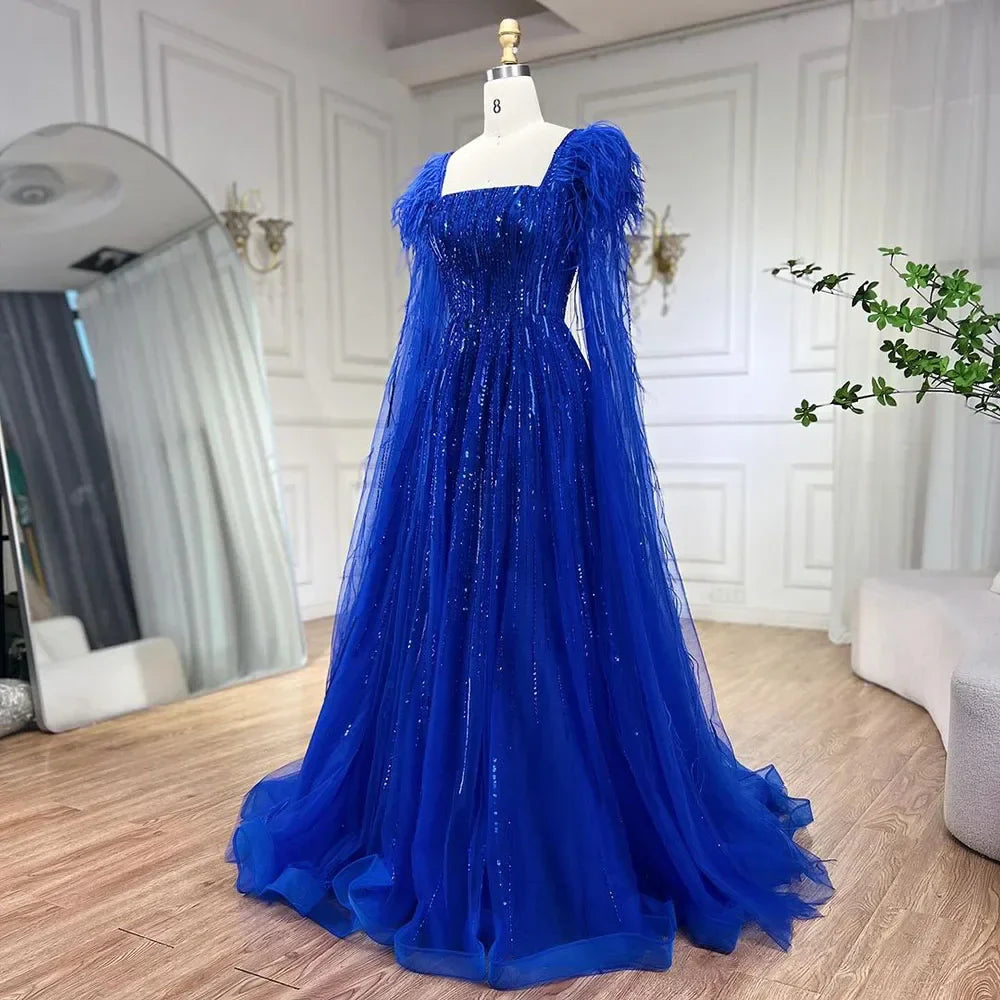 Cape Sleeves Feathers Beaded Evening Dresses