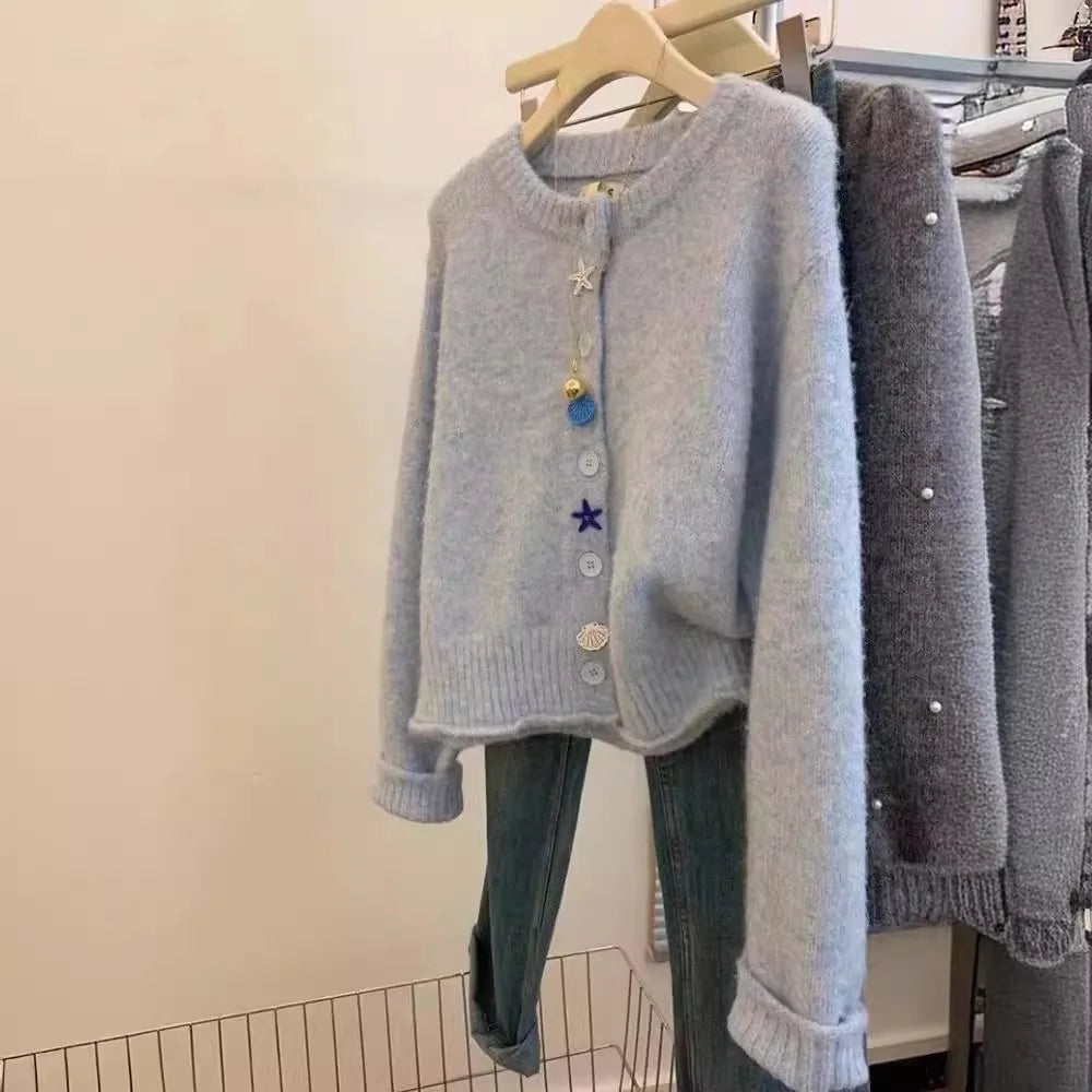 Long Sleeve Starfish Shell Button Sweater