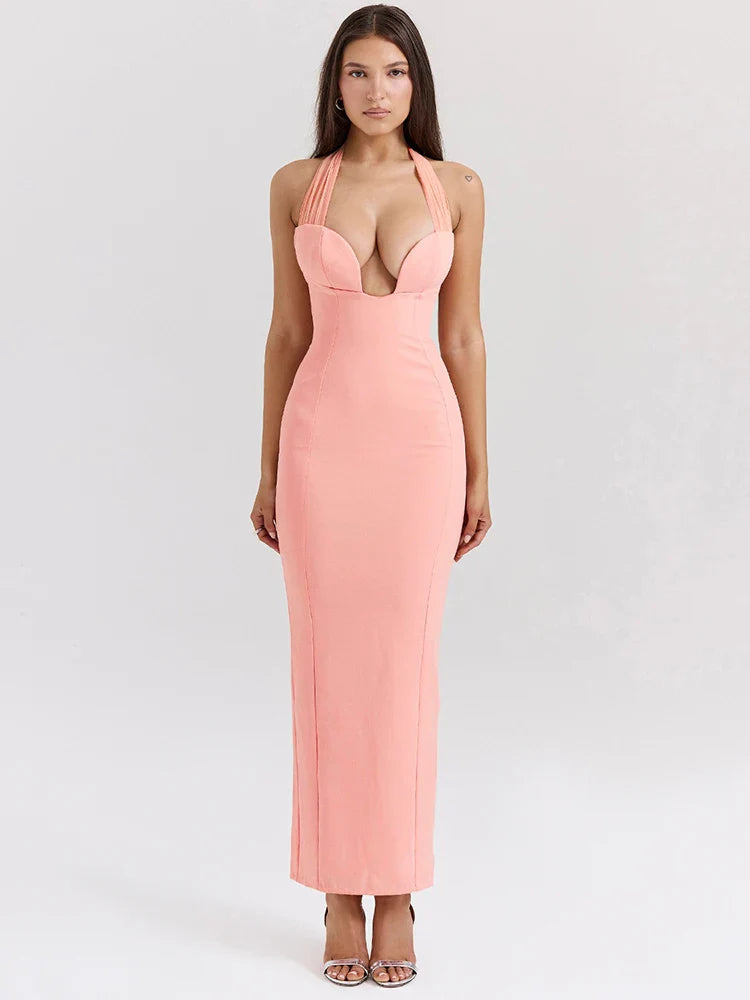 Pink Deep Neck Halter Bodycon Midi Dress