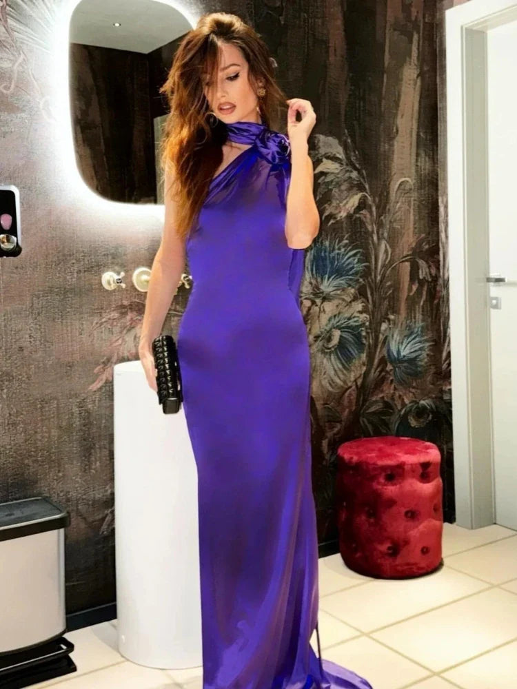 Purple Satin Halter Neck 3D Flower Scarf Maxi Dress