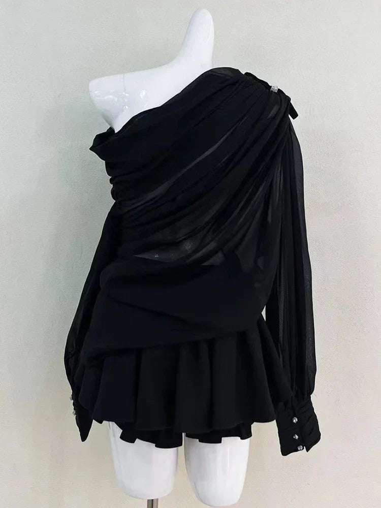 Skew Collar Lantern Sleeve Bowknot Mini Skirt Suit
