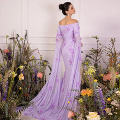 Off-Shoulder Lilac 3D Flowers Evening Dress with Cape Sleeves