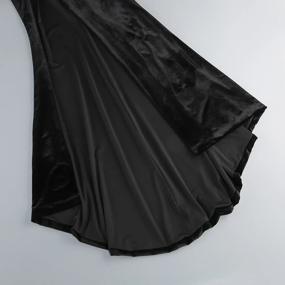 Strapless Pearl Diamond Black Velvet Beaded Maxi Dress