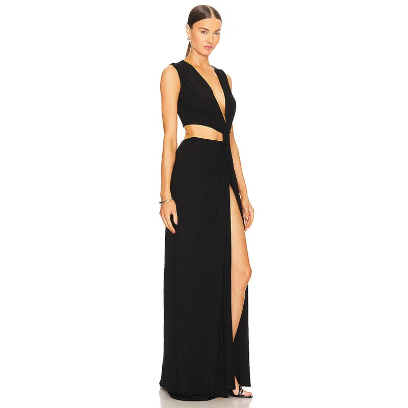 Deep V Cut Out Slit Asymmetrical Long Dress