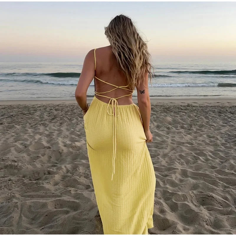 Lace Up Solid Color Open Back Long Dress